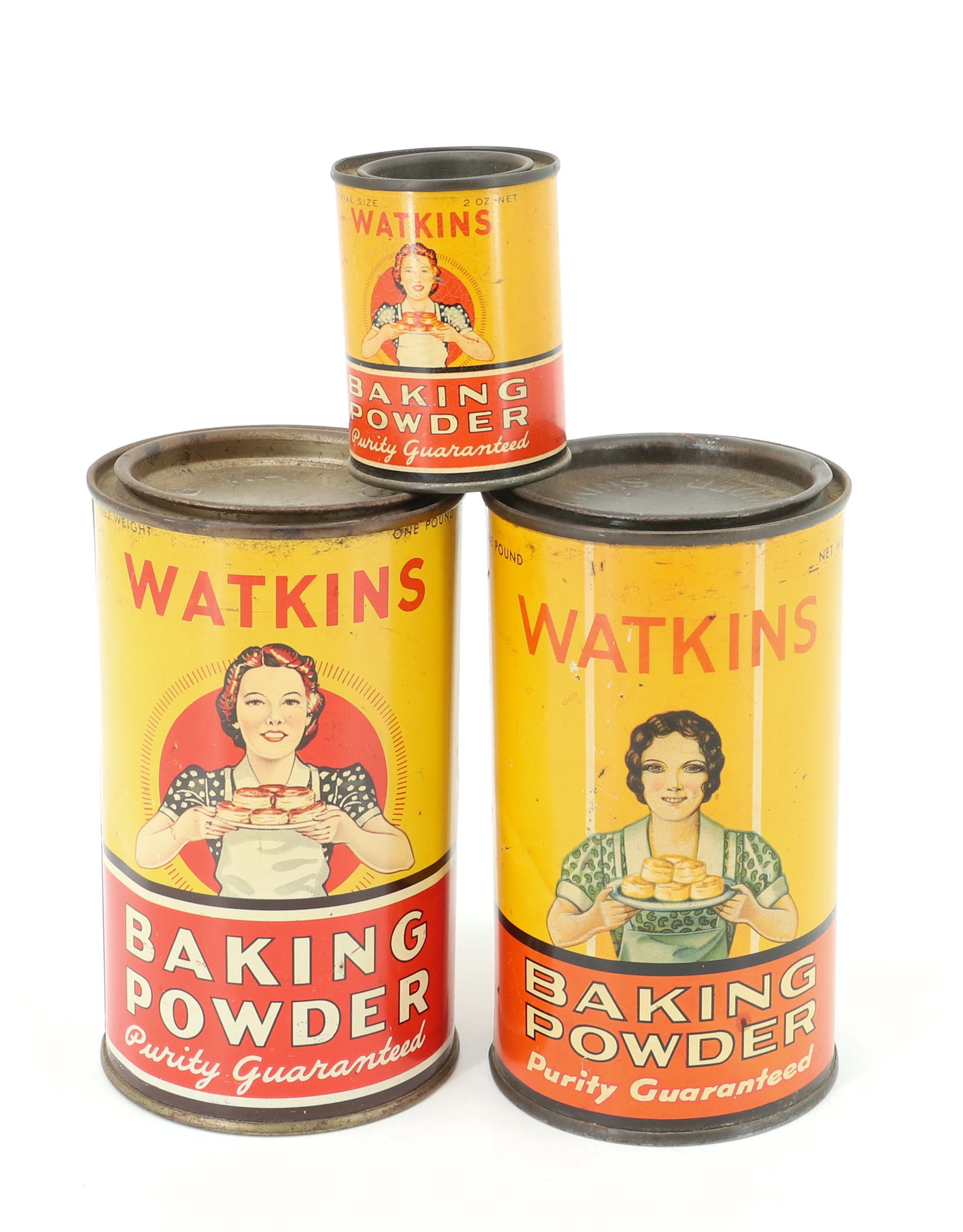(3) WATKINS BAKING POWDER TINS: (3) TIN LITHO CANS. 2 1/2" TO 5 1/4" HEIGHTS. PLEASE READ CAREFULLY - Terms for Purchasing and Shipping of Auction Items. Please read carefully before bidding. Hartzell’s Auction Gallery. Hartze
