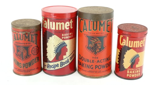 (4) CALUMET BAKING POWDER TINS