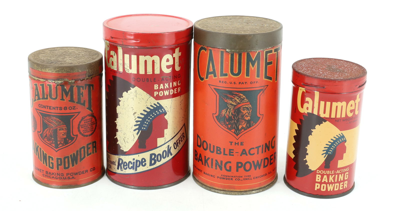(4) CALUMET BAKING POWDER TINS: PAPER AND TIN LITHO TINS. 4" TO 5 1/4" HEIGHTS. PLEASE READ CAREFULLY - Terms for Purchasing and Shipping of Auction Items. Please read carefully before bidding. Hartzell’s Auction Gallery. Hart