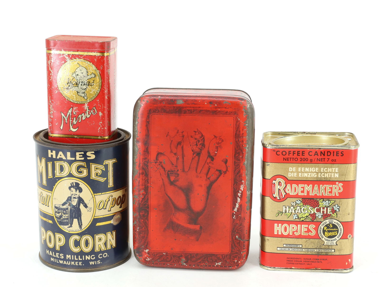 (4) PAPER / TIN LITHO ADVERTISING TINS: INCLUDING: HALE'S MIDGET POPCORN (MILWAUKEE) 4 1/2" H., YOUNG'S MINTS (KEWPIE MOTIF), PAPER LABEL "RADEMAKER'S KAFFEE BONBONS" AND UNMARKED TIN LITHO IN RED SHOWING HAND WITH A PIG ON EACH FINGER 6" L