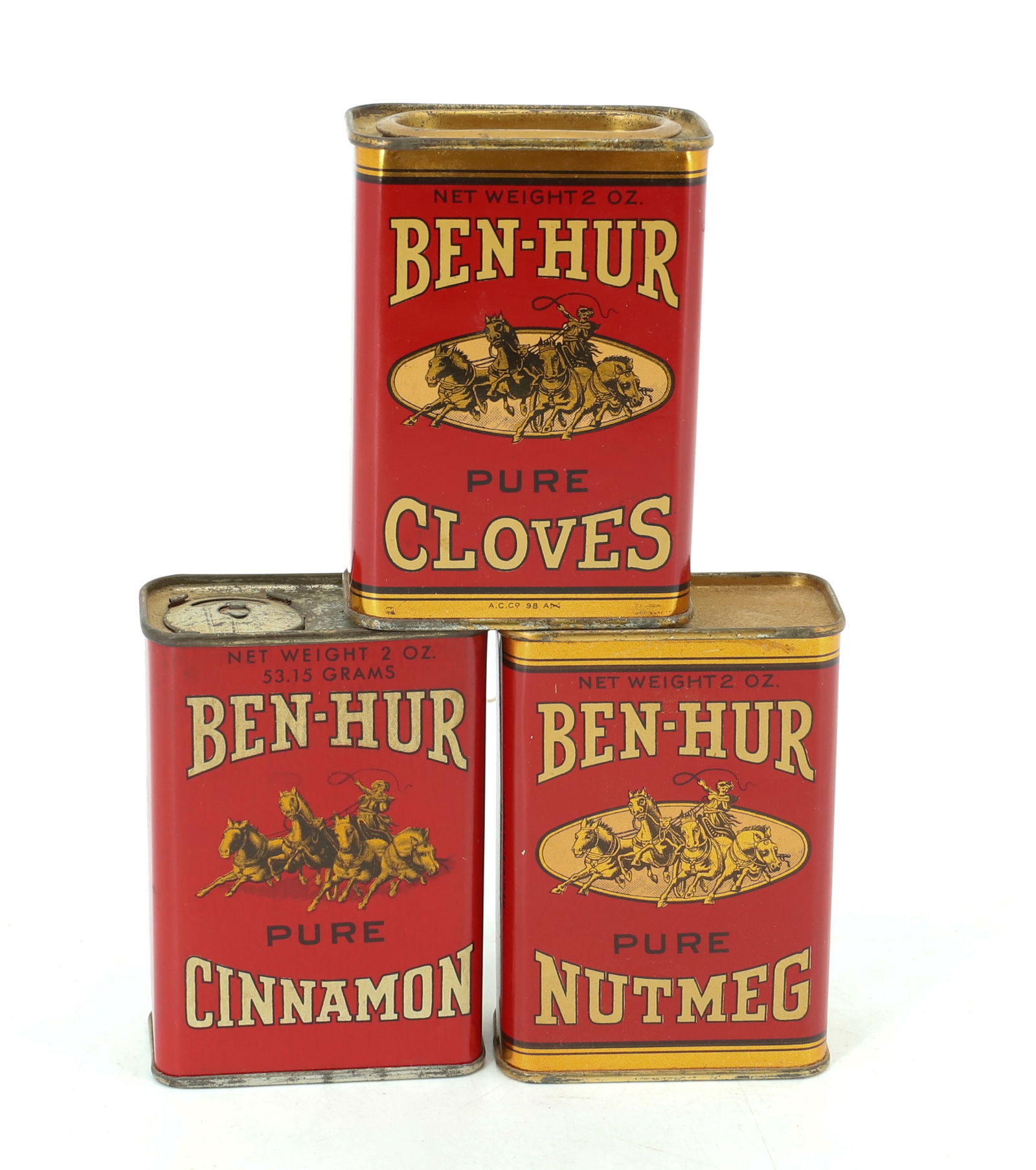 LOT OF BEN-HUR BRAND SPICE TINS: TIN LITHO CINNAMON, CLOVES AND NUTMEG. 3 1/8" H. PLEASE READ CAREFULLY - Terms for Purchasing and Shipping of Auction Items. Please read carefully before bidding. Hartzell’s Auction Gallery. Har