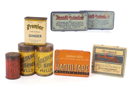 LOT OF SPICE AND MEDICAL TINS