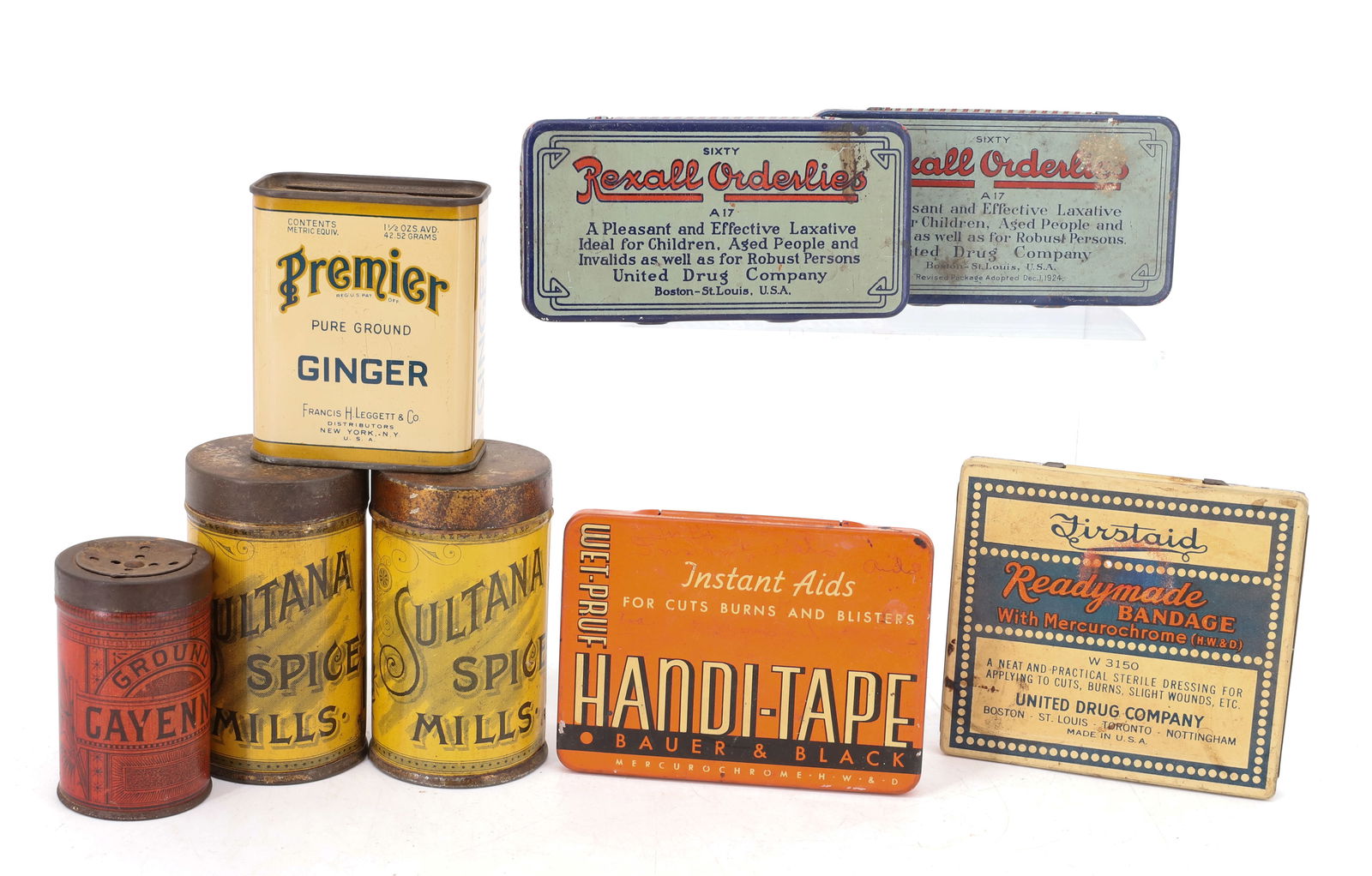 LOT OF SPICE AND MEDICAL TINS: INCLUDING: (2) A&P SULTANA SPICE MILLS (MUSTARD AND ALLSPICE) 3 1/4" H., PREMIER GINGER, GROUND CAYENNE, REXALL ORDERLIES 4" L., HANDI-TAPE INSTANT AIDS AND FIRSTAID READYMADE BANDAGE. PLEASE READ CAR