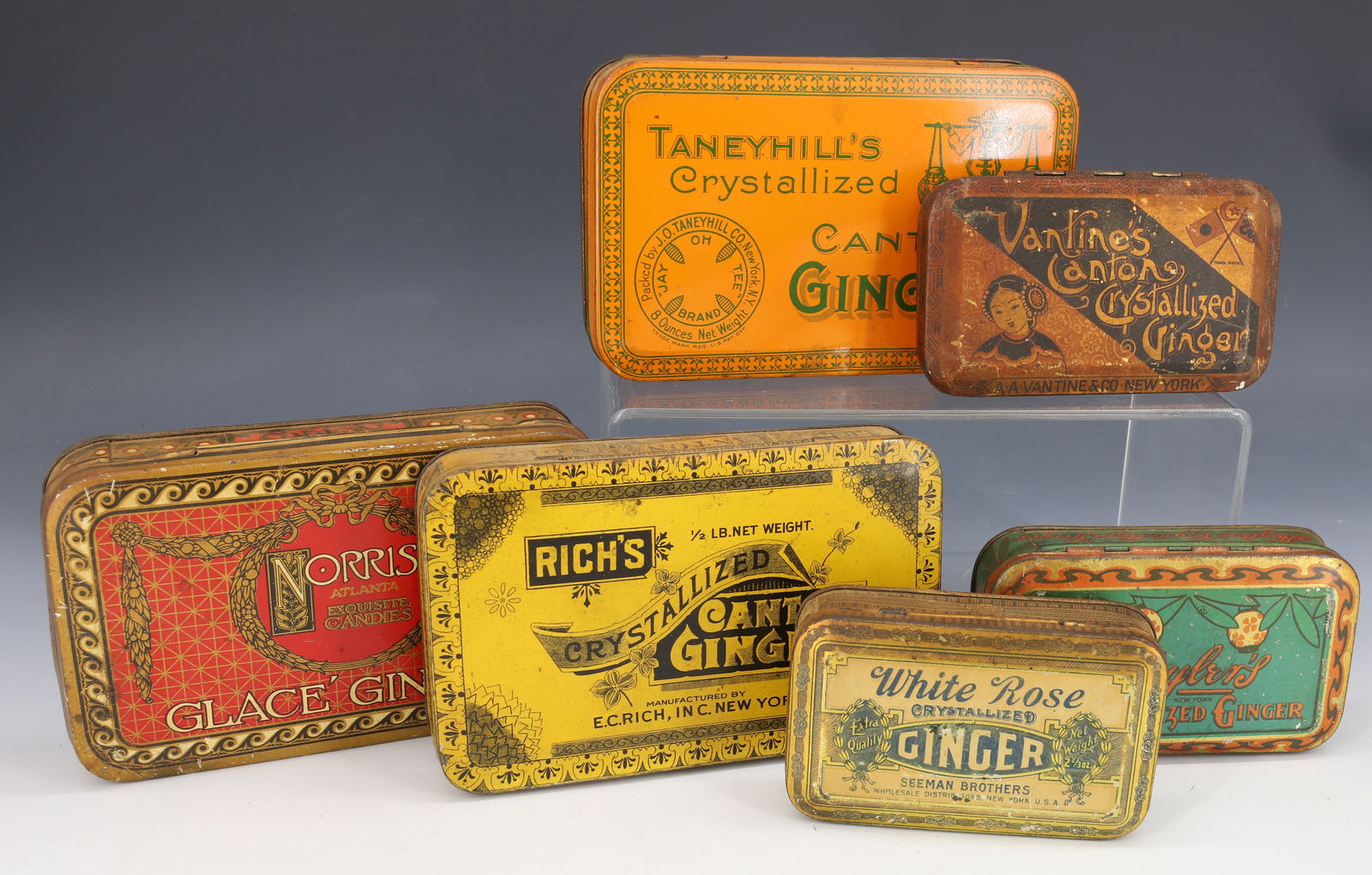 LOT OF (6) TIN LITHO GINGER TINS: INCLUDING: RICH'S CANTON GINGER (NY) 6 1/8" L., NORRIS GLACE GINGER (ATLANTA), TANEYHILL'S CRYSTALLIZED CANTON GINGER, WHITE ROSE GINGER, VANTINE'S CANTON CRYSTALLIZED GINGER AND WHITE ROSE GINGER 4".