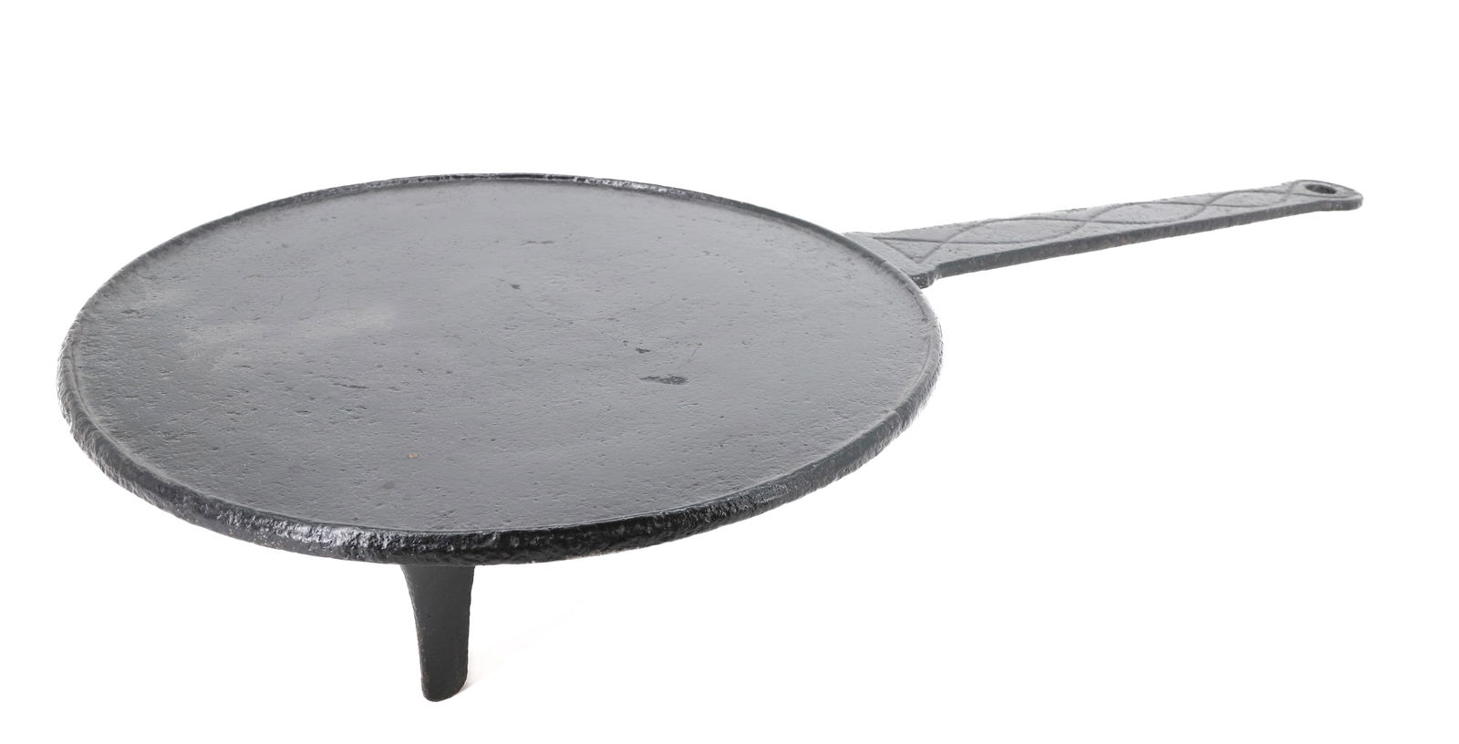 18TH/19TH C. FIREPLACE SKILLET: WROUGHT IRON WITH THREE LEGS. DECORATION TO HANDLE. 27" X 13 3/4". BLACK PAINTED SURFACE. PLEASE READ CAREFULLY - Terms for Purchasing and Shipping of Auction Items. Please read carefully before biddi