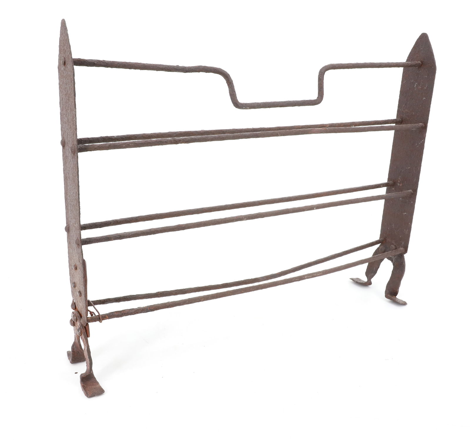 18TH C. FIREPLACE APPLE ROASTER: THREE IRON "SHELVES". HANDLE ON TOP. OLD REPAIR TO ONE SIDE AT BOTTOM. 13 1/4" X 16 1/4" X 2". PLEASE READ CAREFULLY - Terms for Purchasing and Shipping of Auction Items. Please read carefully before