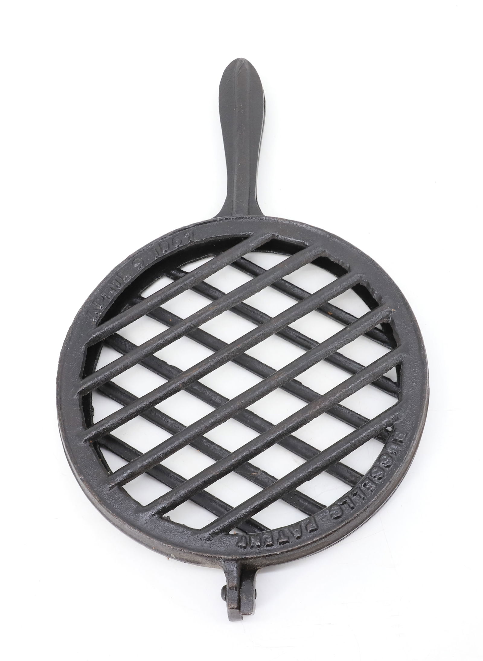 RUSSELLS PATENT DOUBLE BROILER: CAST IRON HINGED DOUBLE BROILER. MRKD. APRIL 9, 1867. MEASURES 16 1/2" X 9 1/2". PLEASE READ CAREFULLY - Terms for Purchasing and Shipping of Auction Items. Please read carefully before bidding. Hartz