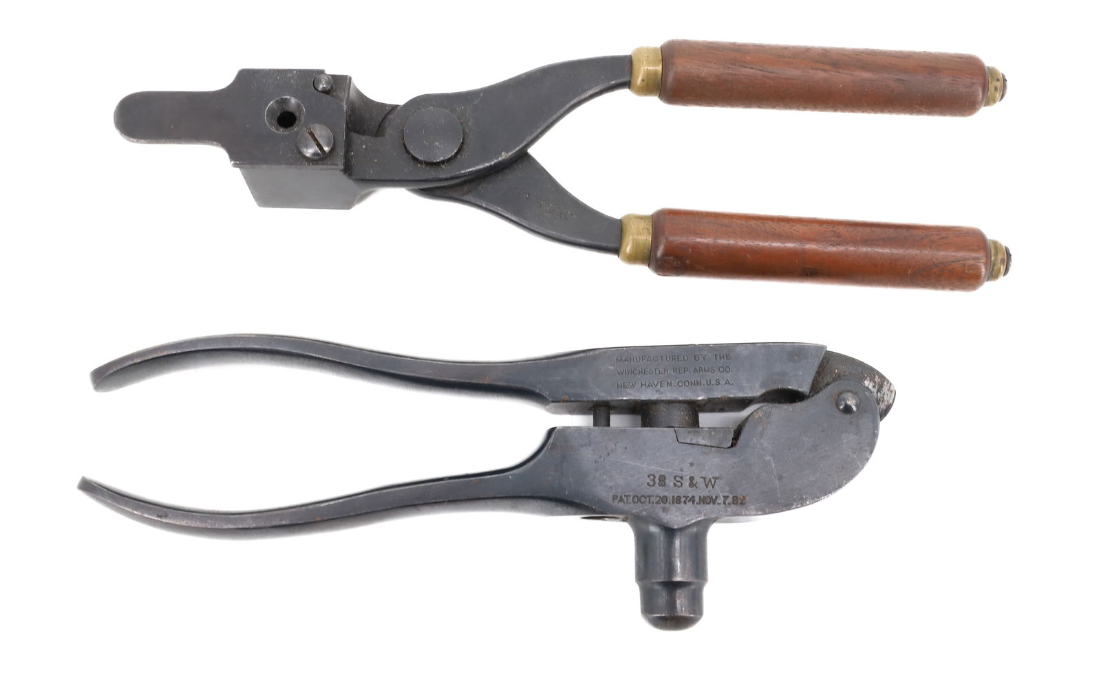 WINCHESTER BULLET MOLD / RELOADING TOOL: 38 S&W BULLET MOLD WITH WOODEN GRIPS 9 1/4" L. WITH 38 S&W RELOADING TOOL. PAT. 1882. PLEASE READ CAREFULLY - Terms for Purchasing and Shipping of Auction Items. Please read carefully before bidding.