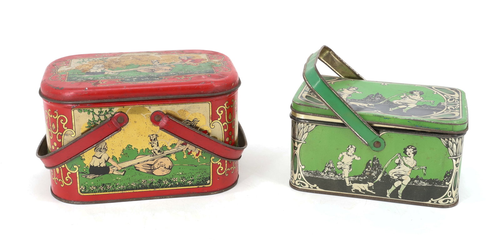 (2) TIN LITHO LUNCH BOXES: DROP HANDLES AND HINGED LIDS. CHILDHOOD SCENES. 6" AND 7" LENGTHS. PLEASE READ CAREFULLY - Terms for Purchasing and Shipping of Auction Items. Please read carefully before bidding. Hartzell’s Au