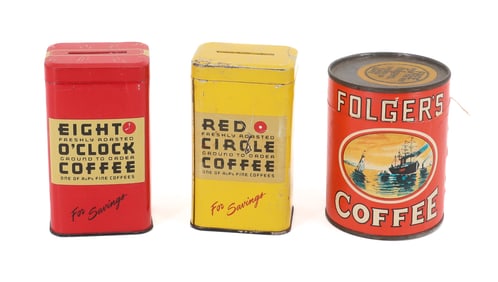 (3) COFFEE TINS / BANKS / PUZZLE