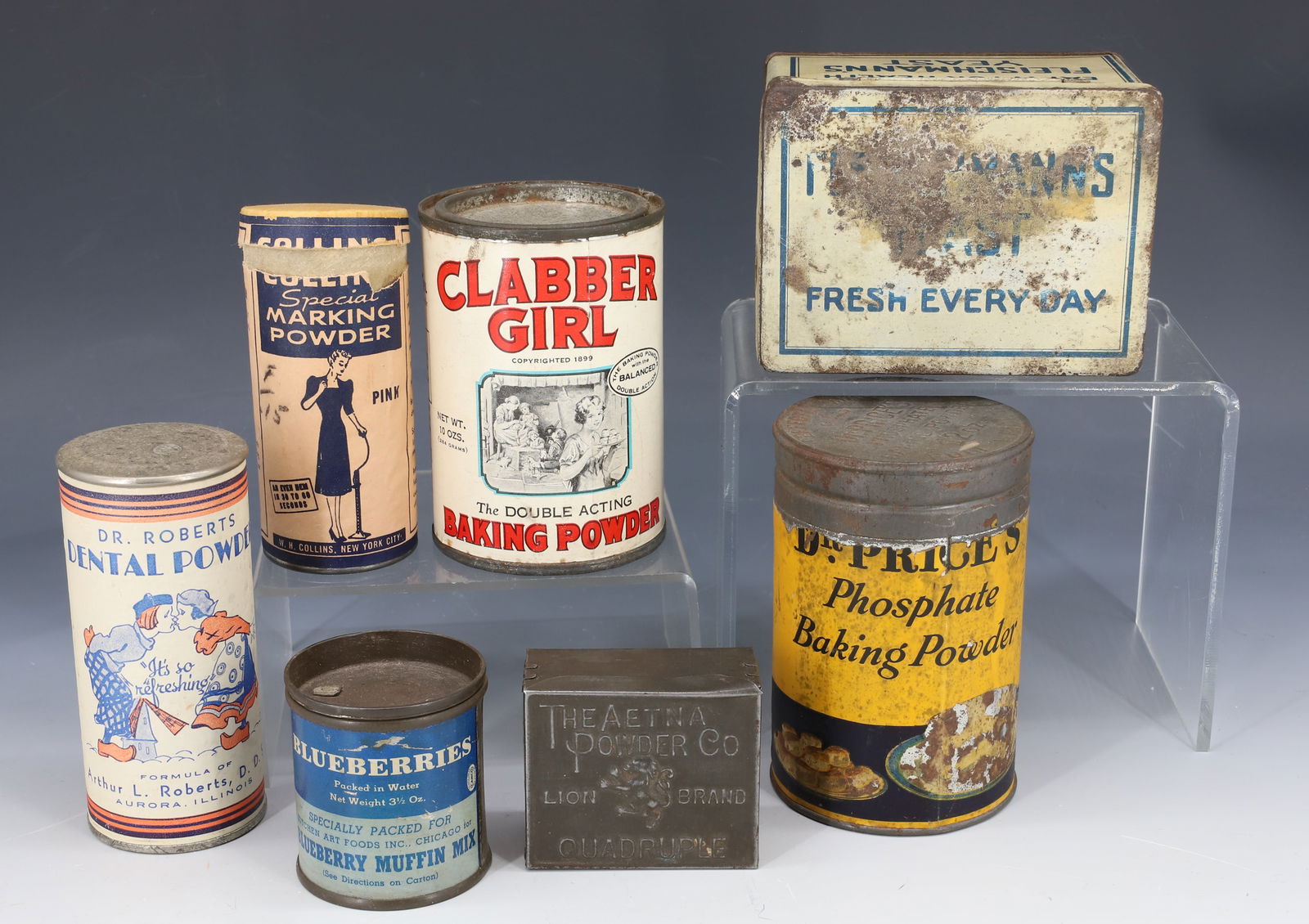 LOT OF PAPER / TIN LITHO ADVERTISING TINS: INCLUDING: FLEISCHMANN'S YEAST 4 1/2" L., CLABBER GIRL, AETNA POWDER COL, BLUEBERRIES, DENTAL POWDER AND MORE. PLEASE READ CAREFULLY - Terms for Purchasing and Shipping of Auction Items. Please read c