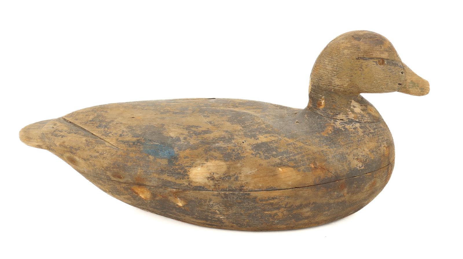 CARVED DUCK DECOY: CARVED WITH TRACES OF ORIGINAL PAINT. LEAD WEIGHT ON BOTTOM. 15 1/2" L. PLEASE READ CAREFULLY - Terms for Purchasing and Shipping of Auction Items. Please read carefully before bidding. Hartzell’