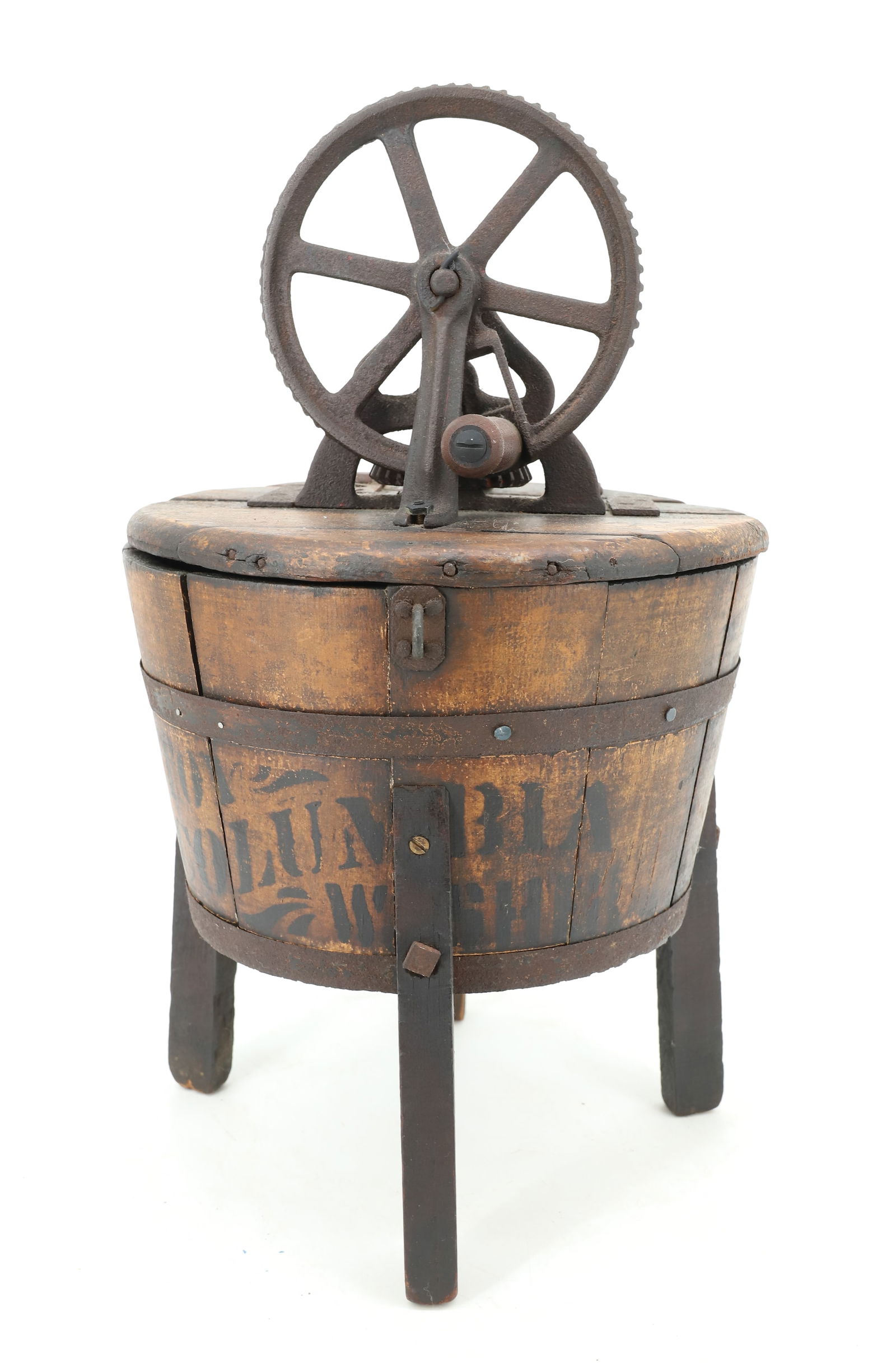 TOY COLUMBIA WASHER WASHING MACHINE: STENCILED WOOD WITH IRON BANDING AND CAST IRON. 18" X 10" X 10". PLEASE READ CAREFULLY - Terms for Purchasing and Shipping of Auction Items. Please read carefully before bidding. Hartzell’s Auct