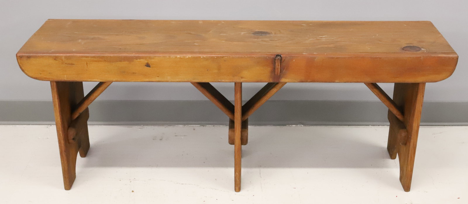 HANDCRAFTED WOODEN BENCH: THREE LEGS WITH SUPPORTS UNDERNEATH SEAT. 18" X 48" X 12 1/4". PLEASE READ CAREFULLY - Terms for Purchasing and Shipping of Auction Items. Please read carefully before bidding. Hartzell’s Auctio