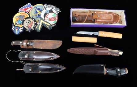 LOT OF HUNTING KNIVES AND MILITARY PATCHES
