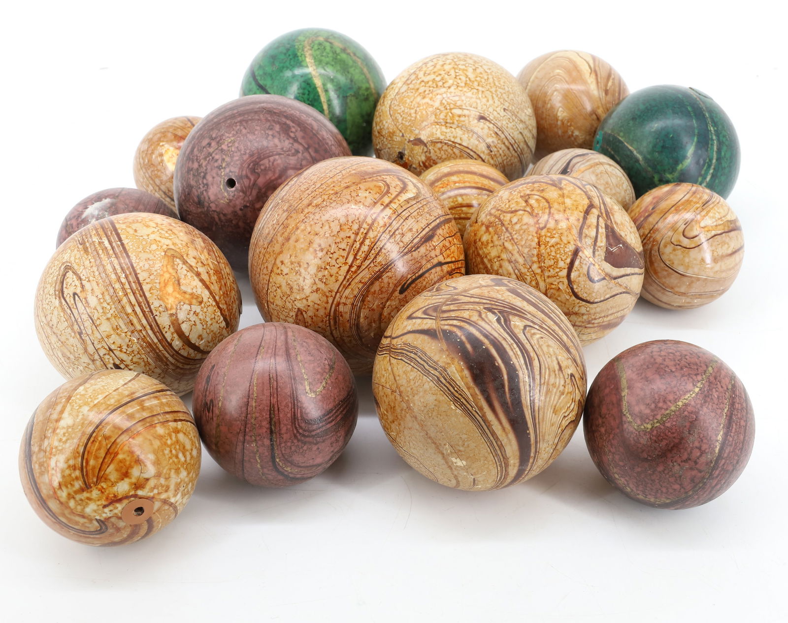LOT OF DECORATIVE BALLS: SWIRLED BOCCE STYLE BALLS, LARGEST 4 3/4" D - (17) BALLS TOTAL PLEASE READ CAREFULLY - SINCE THIS IS A COIN SALE PLEASE NOTE. ITEMS MUST BE PAID FOR THROUGH LIVE AUCTIONEERS OR WITH CASH OR CHECK