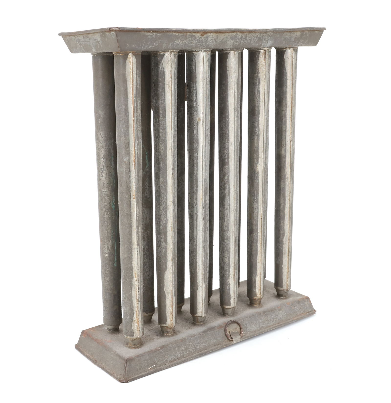 ANTIQUE TIN CANDLE MOLD: 12 HOLE MOLD WITH STRAP HANDLE AND HANG RING - 11 1/2" X 9 1/2" PLEASE READ CAREFULLY - SINCE THIS IS A COIN SALE PLEASE NOTE. ITEMS MUST BE PAID FOR THROUGH LIVE AUCTIONEERS OR WITH CASH OR CHECK