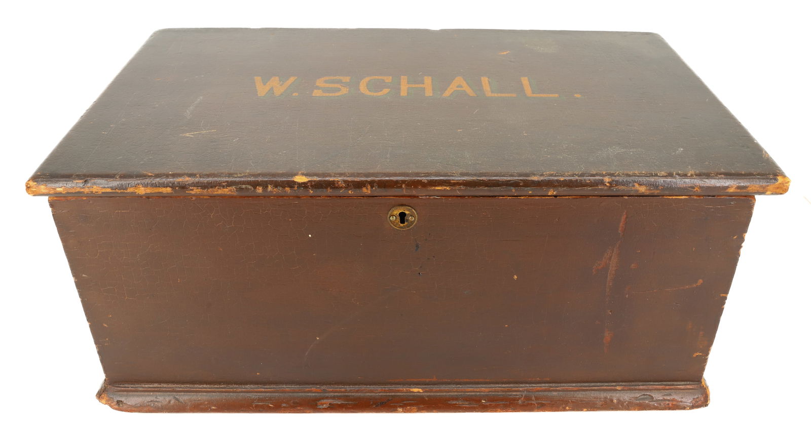 PAINT DECORATED STORAGE BOX: BROWN PAINTED SURFACE, MARKED; W. SCHALL ON LID - 8 1/2" X 19 X 11" PLEASE READ CAREFULLY - SINCE THIS IS A COIN SALE PLEASE NOTE. ITEMS MUST BE PAID FOR THROUGH LIVE AUCTIONEERS OR WITH CASH OR