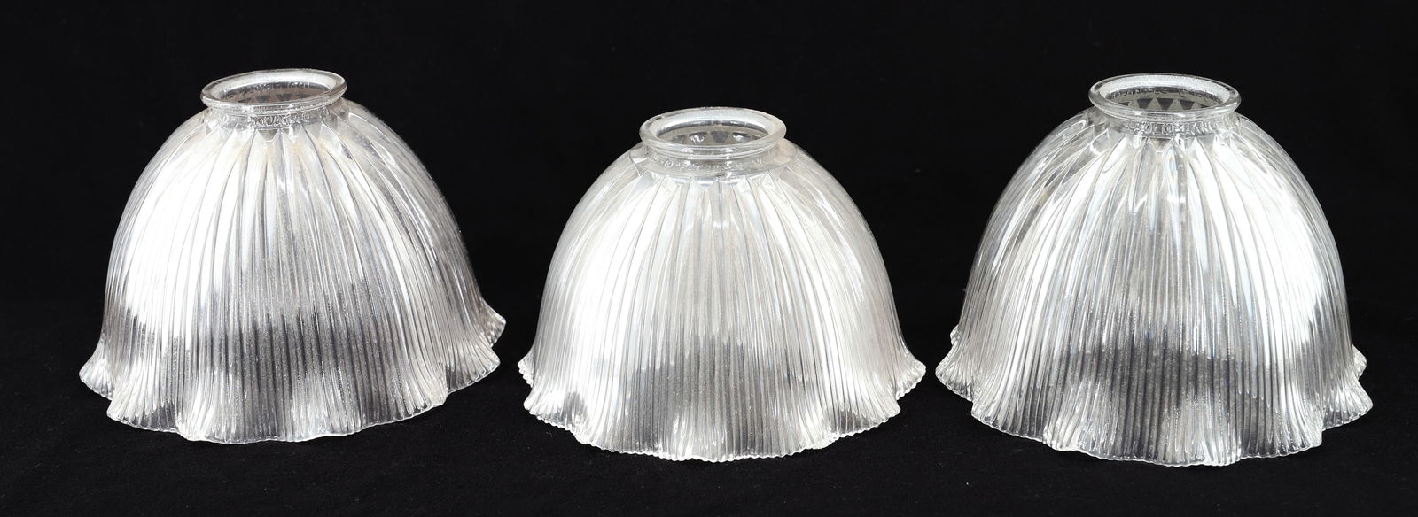 LOT OF HOLOPHANE SHADES: (2) MATCHING ( 2 1/4" AND 6 5/8" OPENINGS) - AND SMALLER SHADE ( 6 1/2" AND 2 1/4" OPENING) PLEASE READ CAREFULLY - SINCE THIS IS A COIN SALE PLEASE NOTE. ITEMS MUST BE PAID FOR THROUGH LIVE