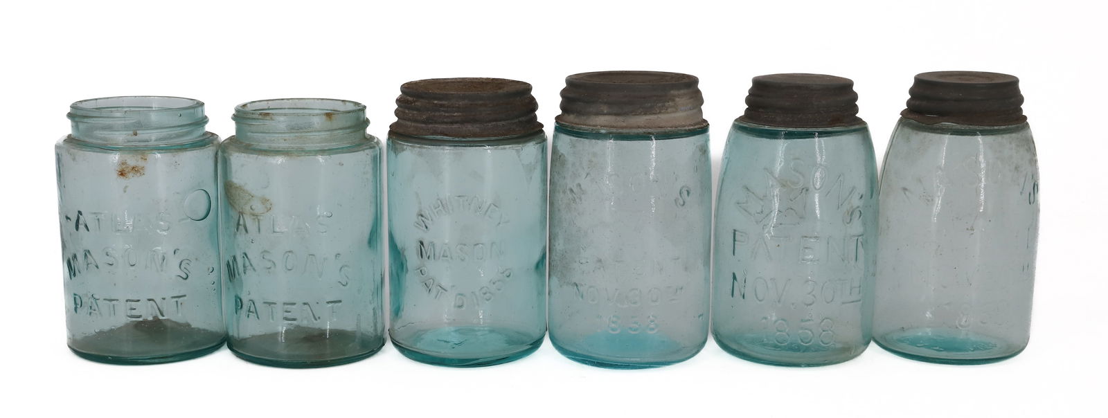 LOT OF ANTIQUE GLASS FRUIT JARS: (6) AQUA CANNING JARS, INCLUDING; (3) MASON'S PATENT NOV 30TH, 1858 - (2) ATLAS MASON'S PATENT, AND WHITNEY MASON PAT'D 1858 5 1/2" H. PLEASE READ CAREFULLY - SINCE THIS IS A COIN SALE PLEASE