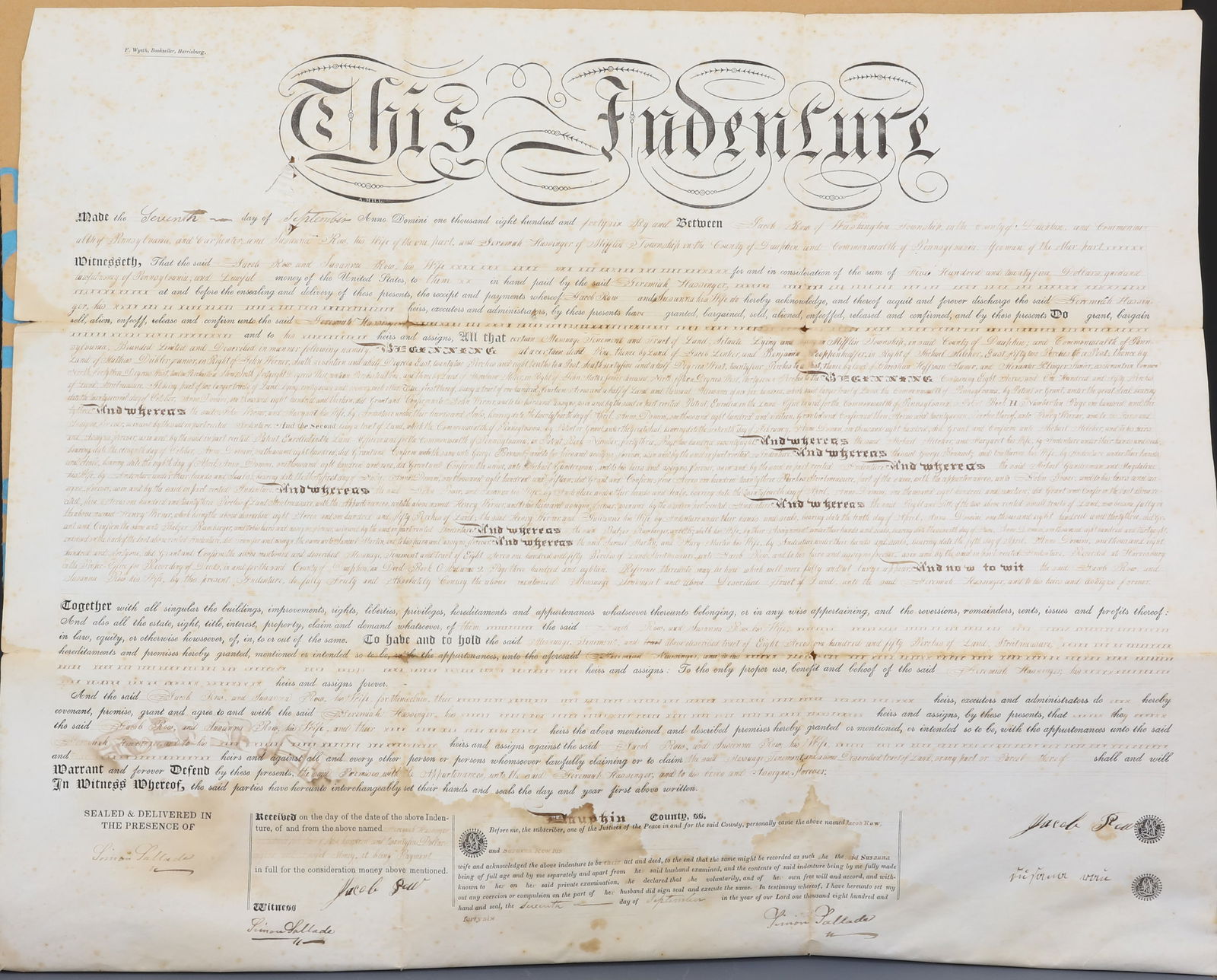 19TH C. DAUPHIN COUNTY INDENTURE: DATED 1846, DAUPHIN COUNTY, PA INDENTURE. "JACOB ROW OF WASHINGTON TOWNSHIP...SUSANNA ROW...JEREMAH HASSINGER OF MIFFLIN TOWNSHIP..." 18 3/4" X 23". PRINTED AND HAND DONE. PLEASE READ CAREFULLY