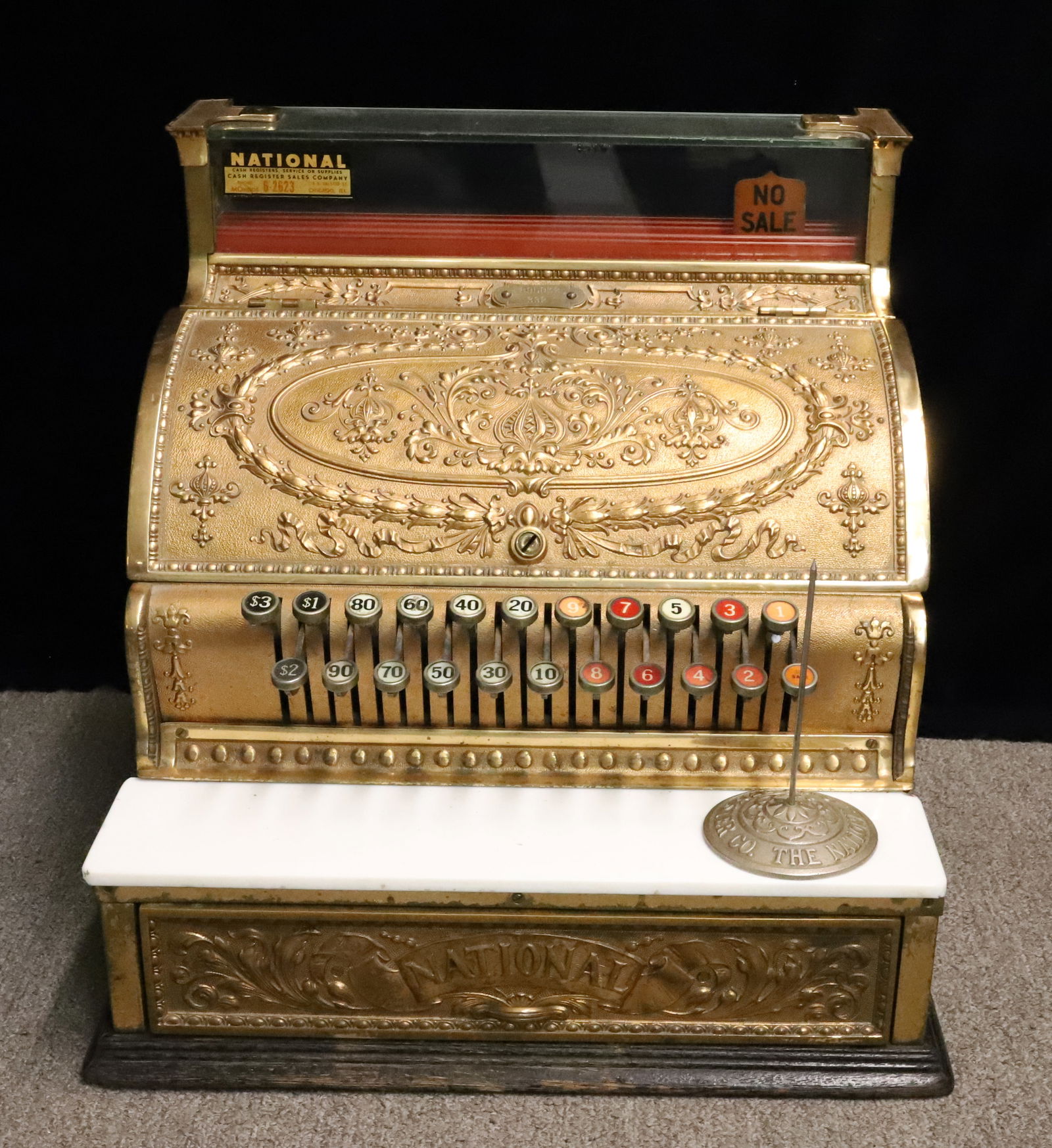 NATIONAL CASH REGISTER: BRASS CASH REGISTER, #895032-332 - CLASS 300-15, PATENTED 1905, EMBOSSED CASE WITH MILK GLASS INSERT - WORKING ORDER - 17 1/4" X 16 3/4" X 16" - WITH NATIONAL CASH REGISTER SPINDLE PLEASE READ