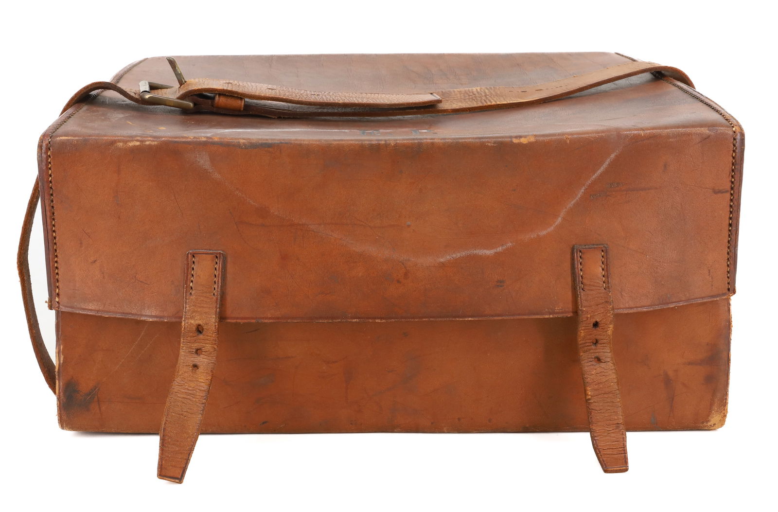LEATHER TRAVEL CASE: LEATHER WITH LIFT-LID AND DROP-FRONT. INITIALED E.P. LEATHER STRAPS. LINED INTERIOR. 9" X 13 3/4" X 10". PLEASE READ CAREFULLY - SINCE THIS IS A COIN SALE PLEASE NOTE. ITEMS MUST BE PAID FOR THROUGH L