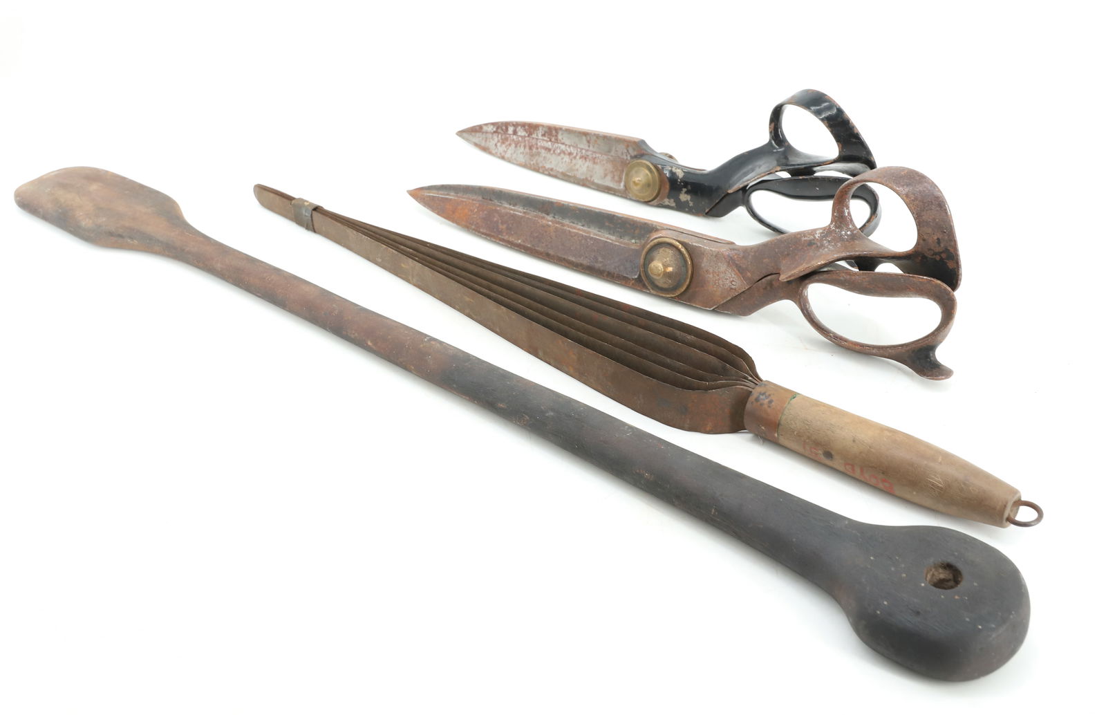 ANTIQUE TAILOR'S SHEARS AND MORE: TWO STEEL / BRASS TAILOR SHEARS. BLACK HANDLED EXAMPLE MRKD. VIM SHEAR WORKS, NEWARK,NJ. 13" TO 14 1/2" LENGTHS. WITH, WOODEN STIRRER 27 1/2" L. AND STEEL TOOL W/ WOODEN HAND GRIP (TAPED AT END). PLEA