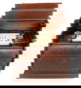 ANTIQUE "CELESTINA" CRANK ORGAN: DECORATED WOODEN CASE. MRKD. "MECHANICAL ORGUINETTE CO. NEW YORK". PAPER INSTRUCTIONS (INTERIOR BACK). WITH SEVERAL PAPER ROLLS. 13 1/2" X 16" X 14". PLEASE READ CAREFULLY - SINCE THIS IS A COIN SALE