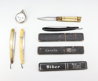 LOT OF STRAIGHT RAZORS, PEDOMETER, KNIFE