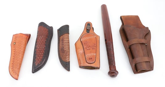 LOT OF KNIFE SHEATHS, HOLSTERS AND BILLY CLUB
