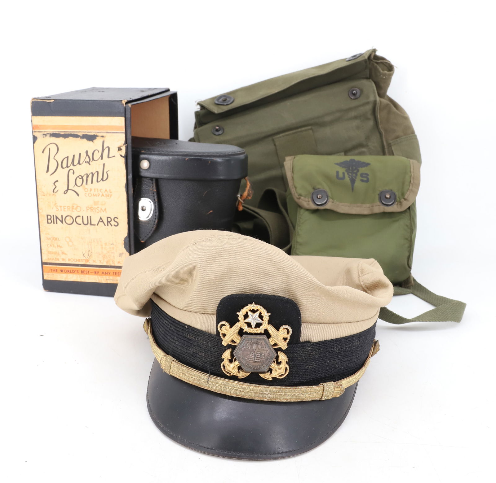 LOT OF MILITARY ITEMS AND BINOCULARS: INCLUDING: MAINE MARITIME ACADEMY OFFICER'S HAT, 1980S MILITARY FIRST AID KIT, US MASK BAG AND VINTAGE 1940/50S BAUSCH & LOMB ZEPHYR 7X35 BINOCULARS W/ CASE AND BOX. PLEASE READ CAREFULLY - SINCE THIS