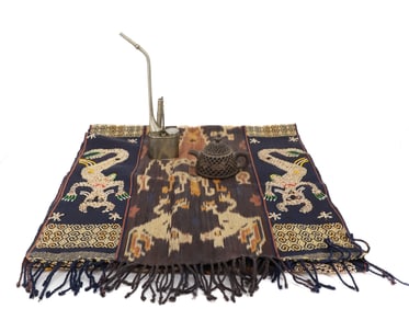 CHINESE TEAPOT, WATER PIPE AND IKAT TEXTILE