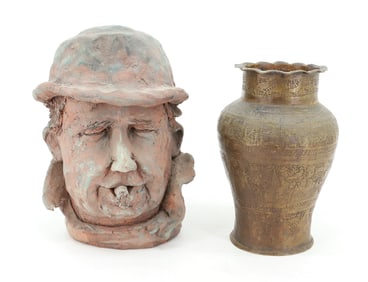 POTTERY SCULPTURE AND BRASS VASE