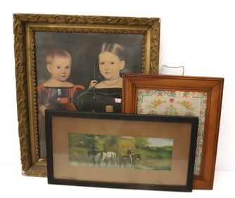 SAMPLER AND TWO FRAMED PRINTS