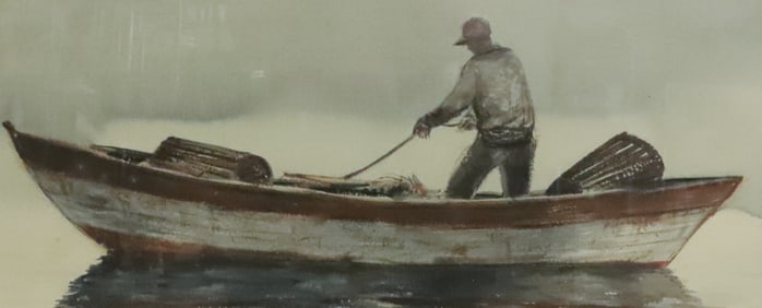 FRAMED WATERCOLOR OF FISHERMAN