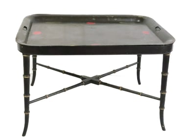 TOLEWARE PAINTED TRAY ON WOODEN BASE.