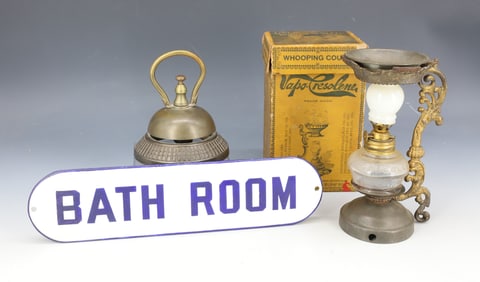 BRASS BELL, BATHROOM SIGN, VAPO-CRESOLENE