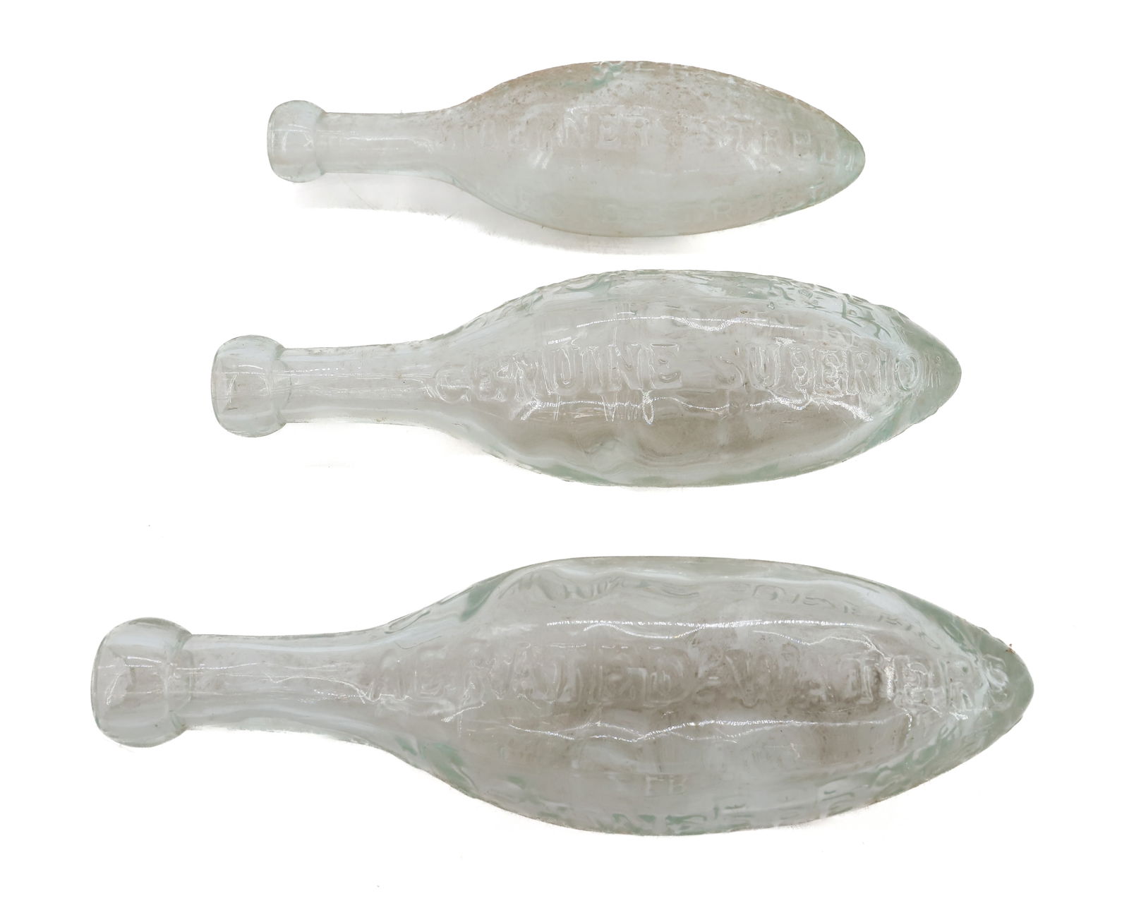 (3) EMBOSSED TORPEDO BOTTLES: "GENUINE SUPERIOR AERATED WATER, J. SCHWEPPE & CO. , 1 BERNERS STREET / OXFORD STREET" 9 1/4" L. PLEASE READ CAREFULLY - SINCE THIS IS A COIN SALE PLEASE NOTE. ITEMS MUST BE PAID FOR THROUGH LIVE