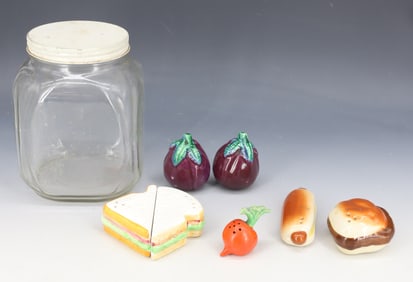 LOT OF SALT / PEPPER SHAKERS AND STORAGE JAR