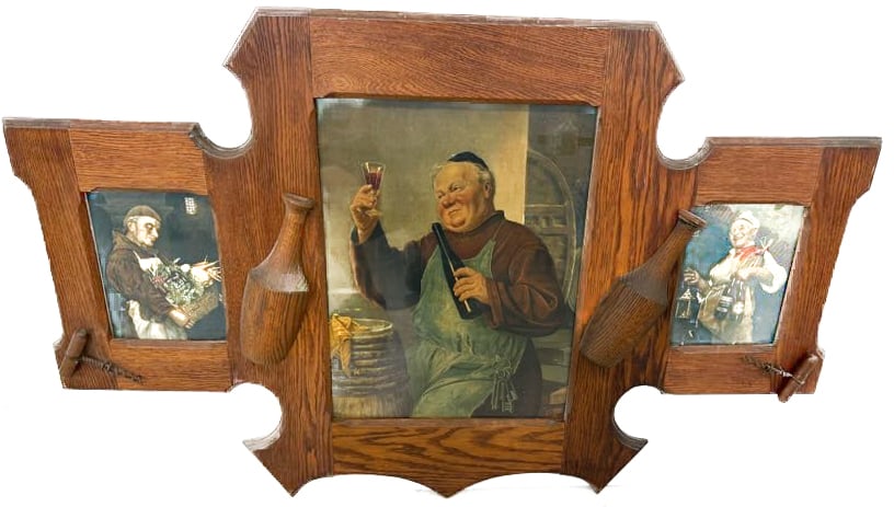 ANTIQUE WINE THEMED WALL PLAQUE: THREE PRINTS OF MONKS IN VARIOUS STAGES OF WINE PRODUCTIONS. APPLIED WOODEN WINE BOTTLES AND CORKSCREWS. 29" X 45 1/2". DUE TO SIZE, PLEASE GET A SHIPPING ESTIMATE BEFORE BIDDING. PLEASE READ