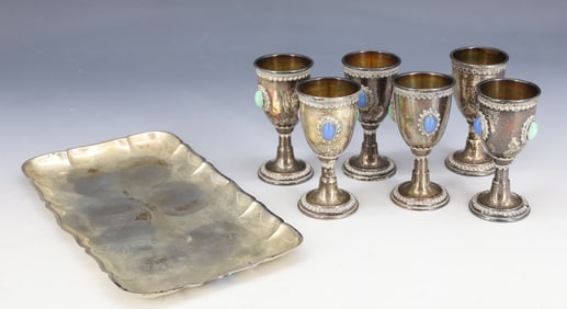 SILVER KIDDUSH CUPS AND TRAY