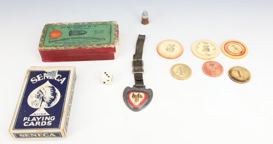 LOT OF ANTIQUE POKER CHIPS, LABEL AND FOB