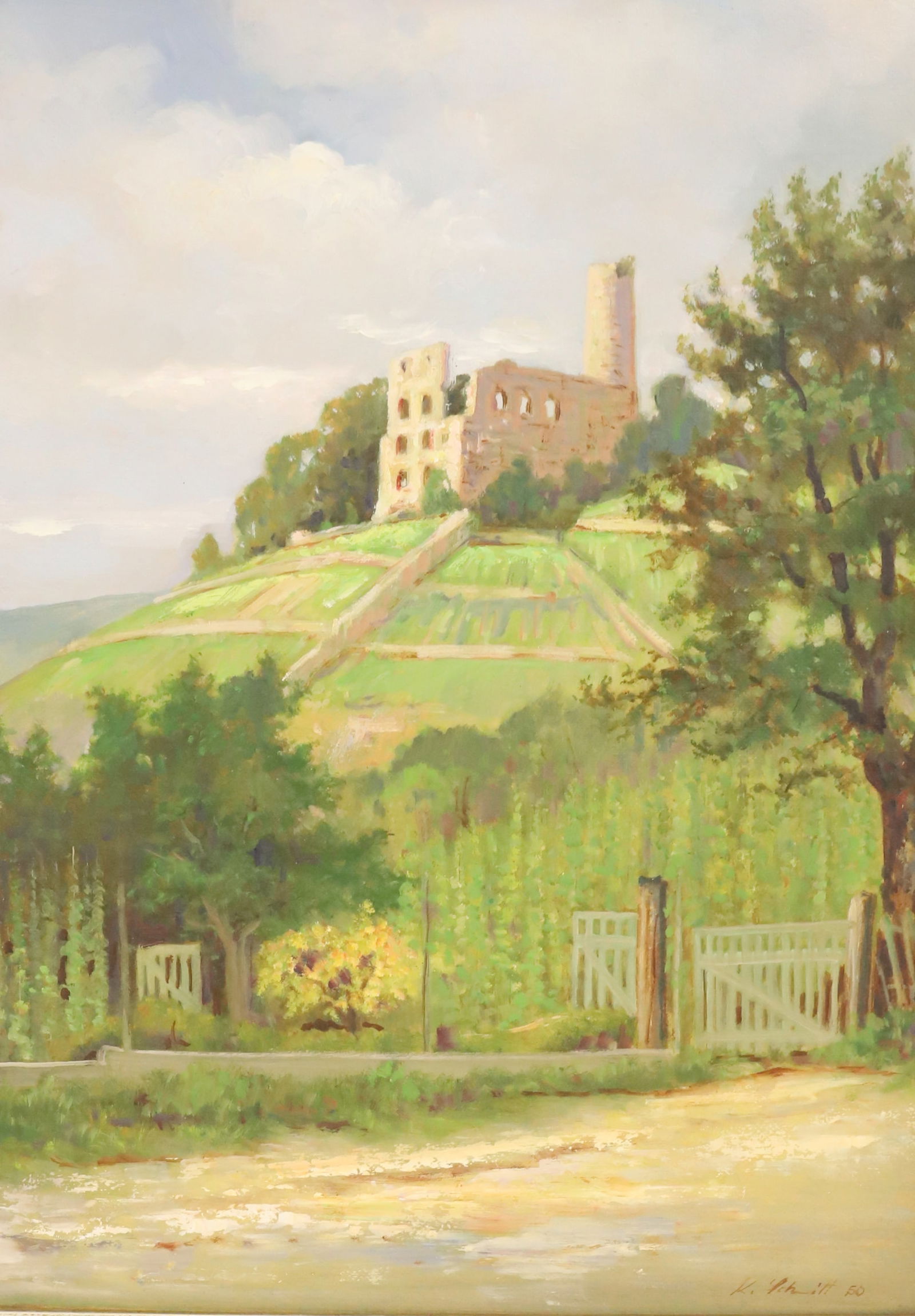 MID-CENTURY OIL ON BOARD: STONE RUINS ON A HILL VIEWED FROM DIRT ROAD. SGND/DATED "50" BOTTOM RIGHT. FRAMED. TOTAL SIZE 23 3/4" X 18 1/2". PLEASE READ CAREFULLY - Terms for Purchasing and Shipping of Auction Items. Please read