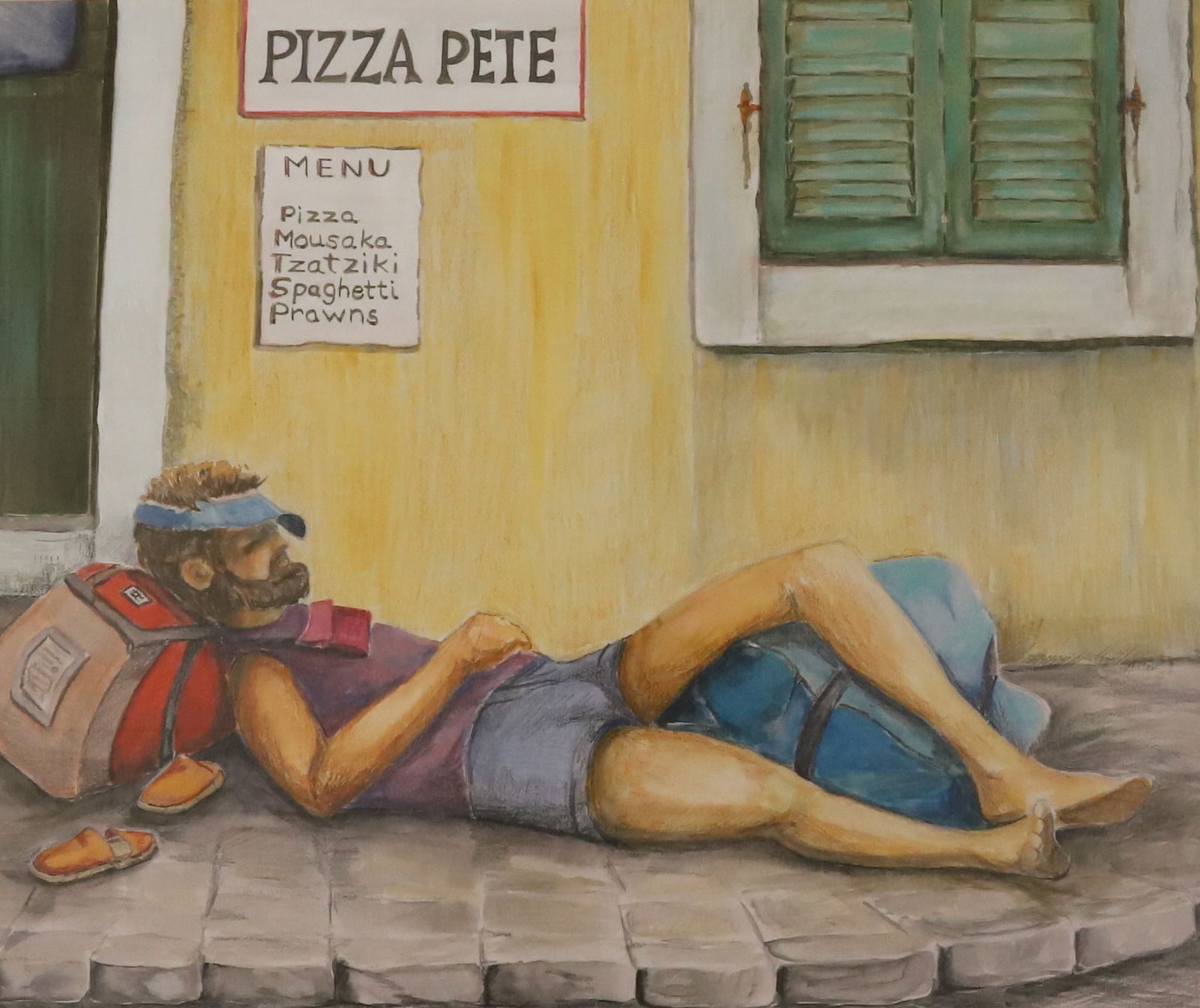JOAN SAYER, MIXED MEDIA: "SIESTA AT PIZZA PETE'S " SGND BOTTOM LEFT. MATTED AND FRAMED UNDER GLASS. TOTAL SIZE 21" X 25". PLEASE READ CAREFULLY - Terms for Purchasing and Shipping of Auction Items. Please read carefully befor