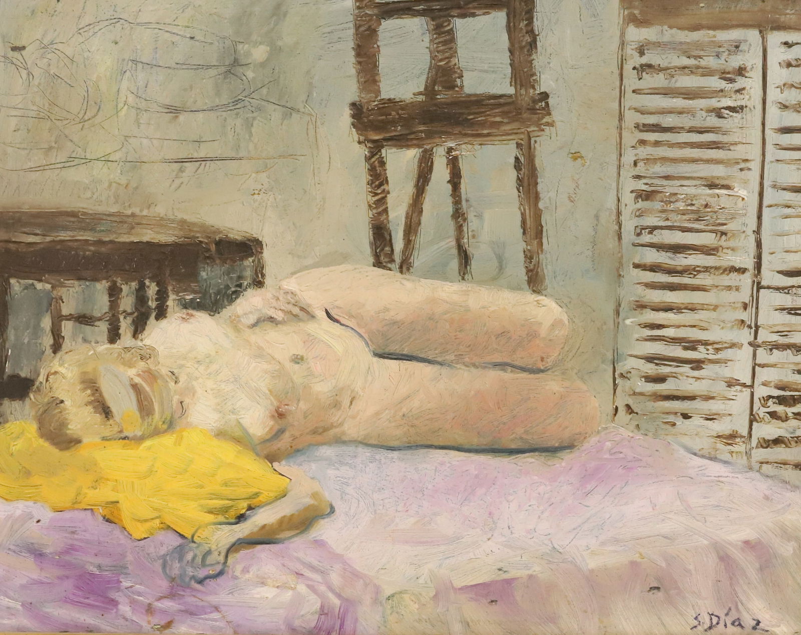 SALLY DIAZ, OIL ON BOARD: "NUDE IN THE STUDIO" NUDE WOMAN ON YELLOW PILLOW AND LAVENDER COVER. EASEL IN BACKGROUND. SGND. BOTTOM RIGHT. DATED 1985 ON BACK. FRAMED. 18" X 22" TOTAL SIZE. PLEASE READ CAREFULLY - Terms for Purcha