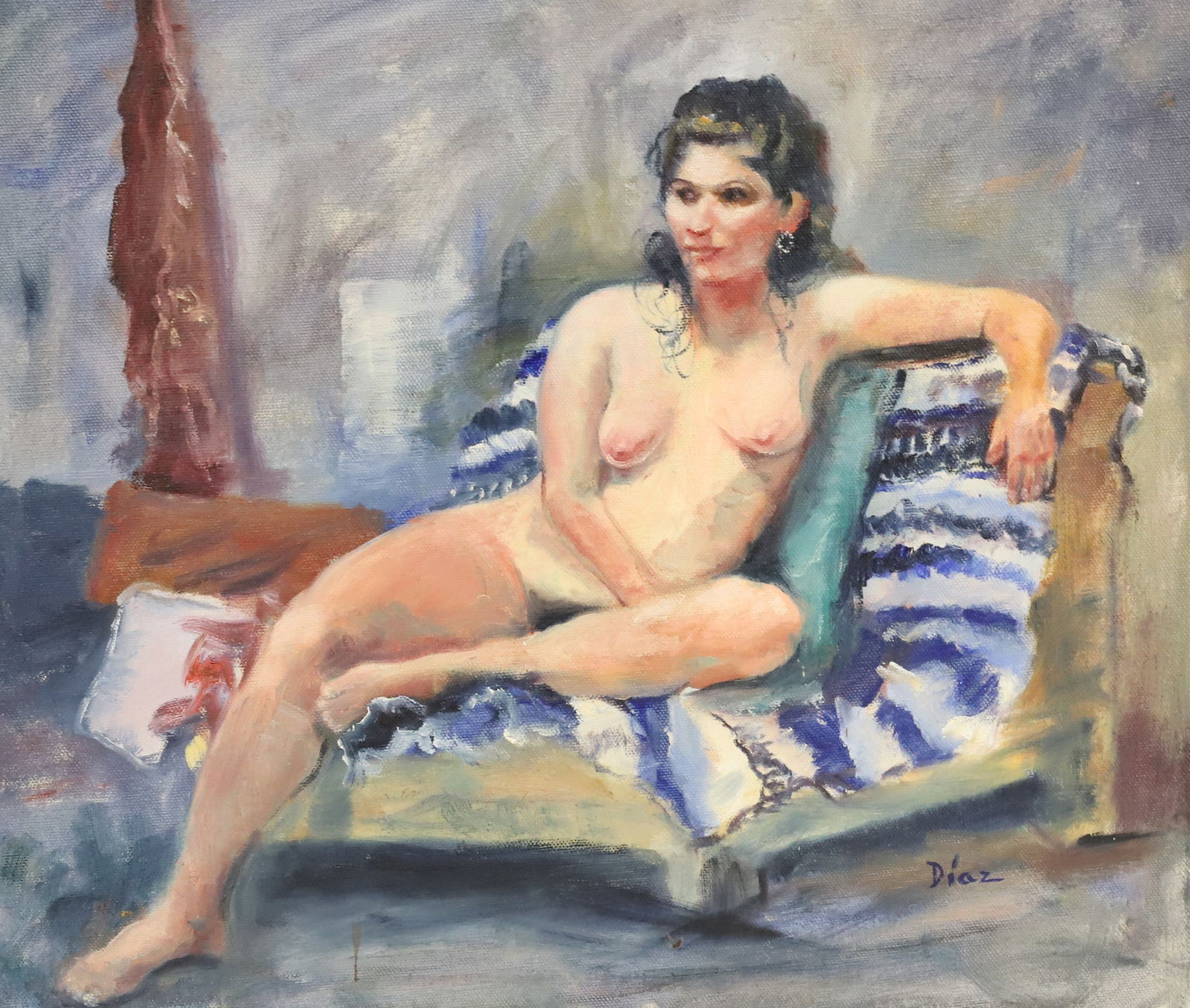 SALLY DIAZ, OIL ON BOARD: NUDE RECLINING WOMAN ON STRIPED BLANKET. SGND. BOTTOM RIGHT. UNFRAMED. 14" X 16". PLEASE READ CAREFULLY - Terms for Purchasing and Shipping of Auction Items. Please read carefully before bidding. Hart