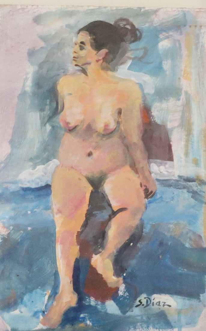 SALLY DIAZ, OIL ON CARDBOARD: PORTRAIT OF A NUDE WOMAN. SGND. BOTTOM RIGHT. FRAMED UNDER GLASS. TOTAL SIZE 23" X 17 1/2". PLEASE READ CAREFULLY - Terms for Purchasing and Shipping of Auction Items. Please read carefully before bid
