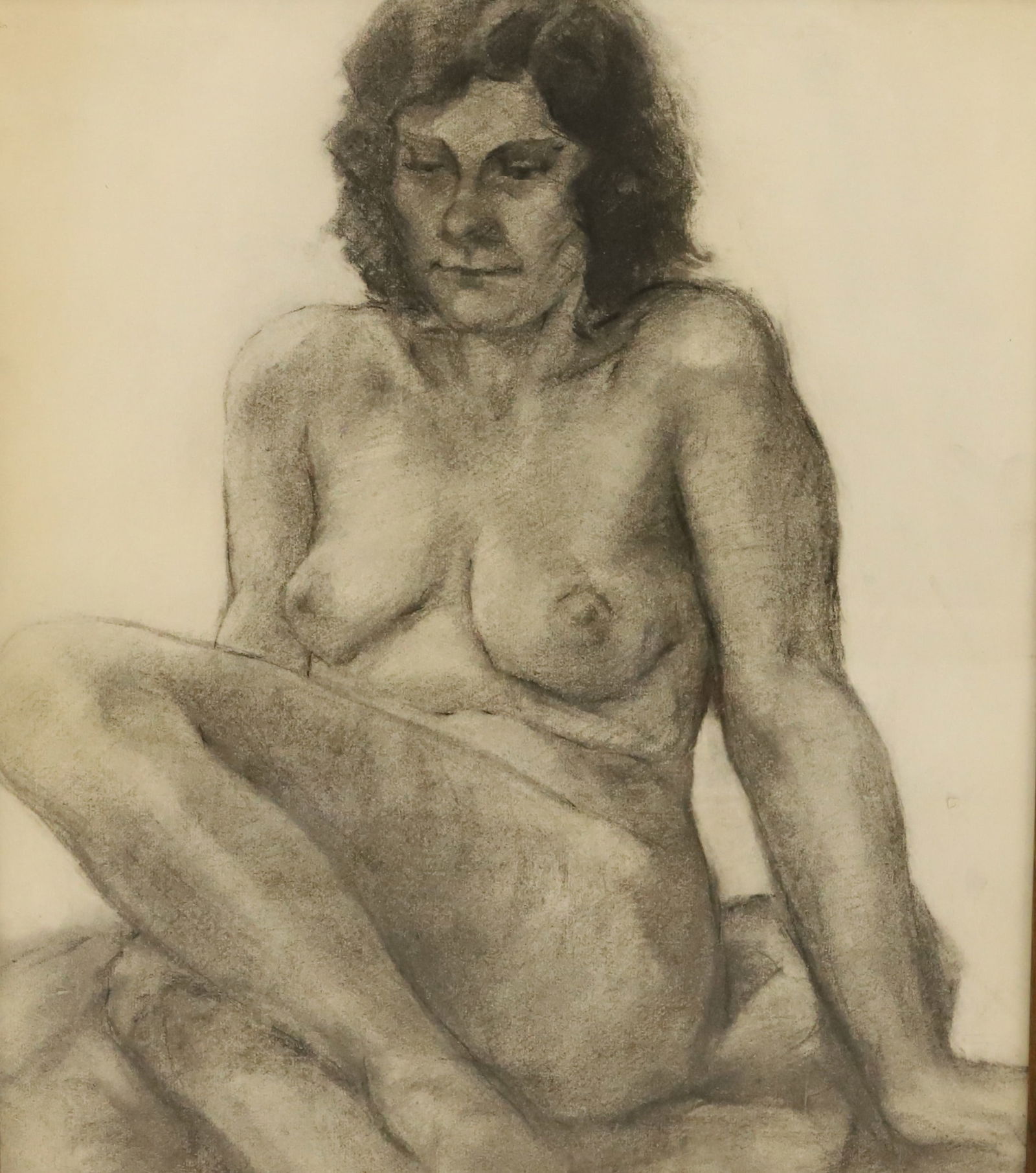 LILLIAN LEVIT, CHARCOAL DRAWING: "SEATED NUDE WOMAN" SGND. BOTTOM RIGHT. CA. 1945. FRAMED UNDER GLASS. 23 3/4" X 20" TOTAL SIZE. PLEASE READ CAREFULLY - Terms for Purchasing and Shipping of Auction Items. Please read carefully before