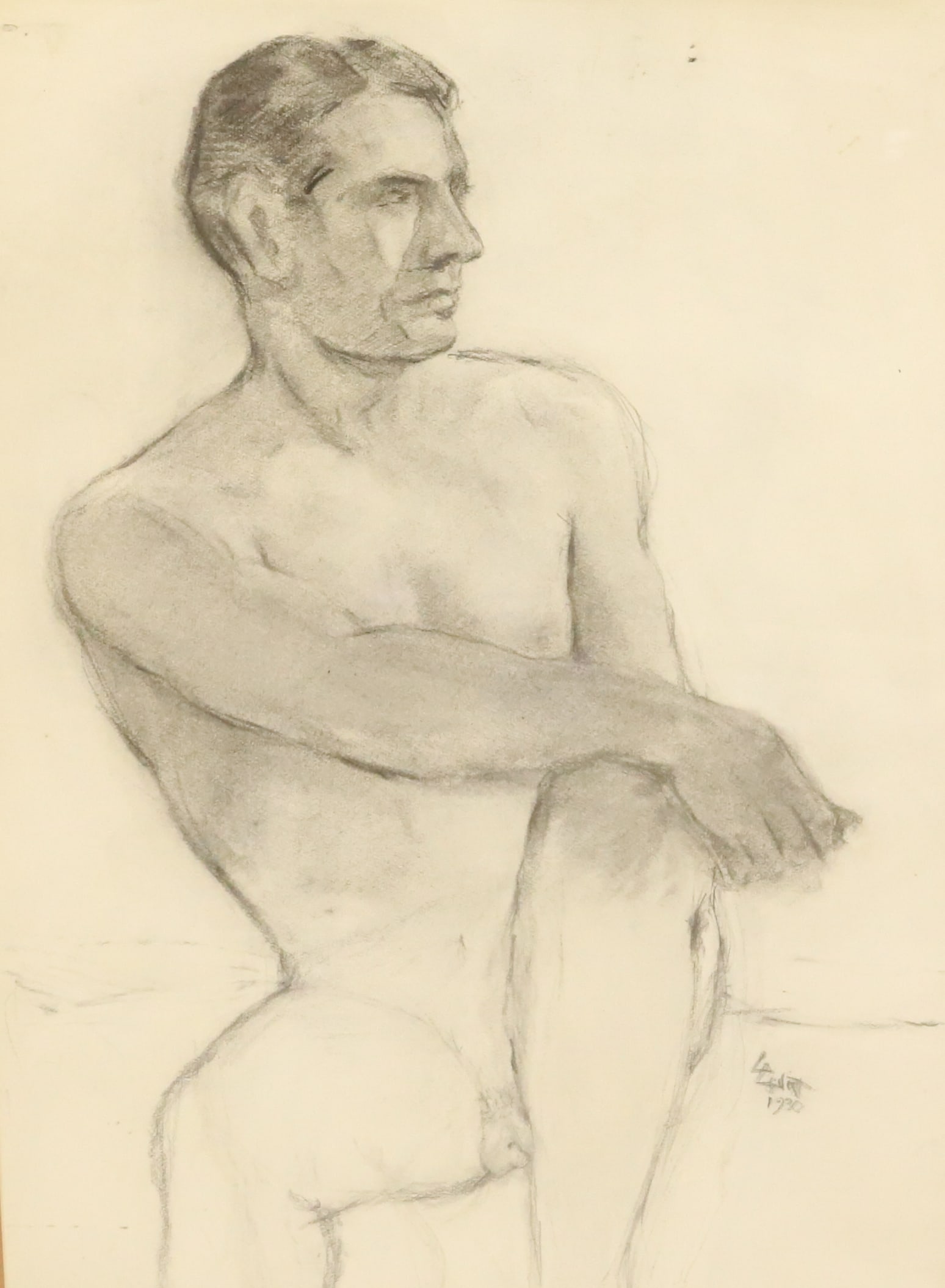LILLIAN LEVIT, ORIGINAL DRAWING: "NUDE MALE SEATED" ORIGINAL PENCIL / CHARCOAL DRAWING. SGND/DATED 1930 BOTTOM RIGHT. MATTED AND FRAMED UNDER GLASS. TOTAL SIZE 32" X 25". PLEASE READ CAREFULLY - SINCE THIS IS A COIN SALE PLEASE NOTE.
